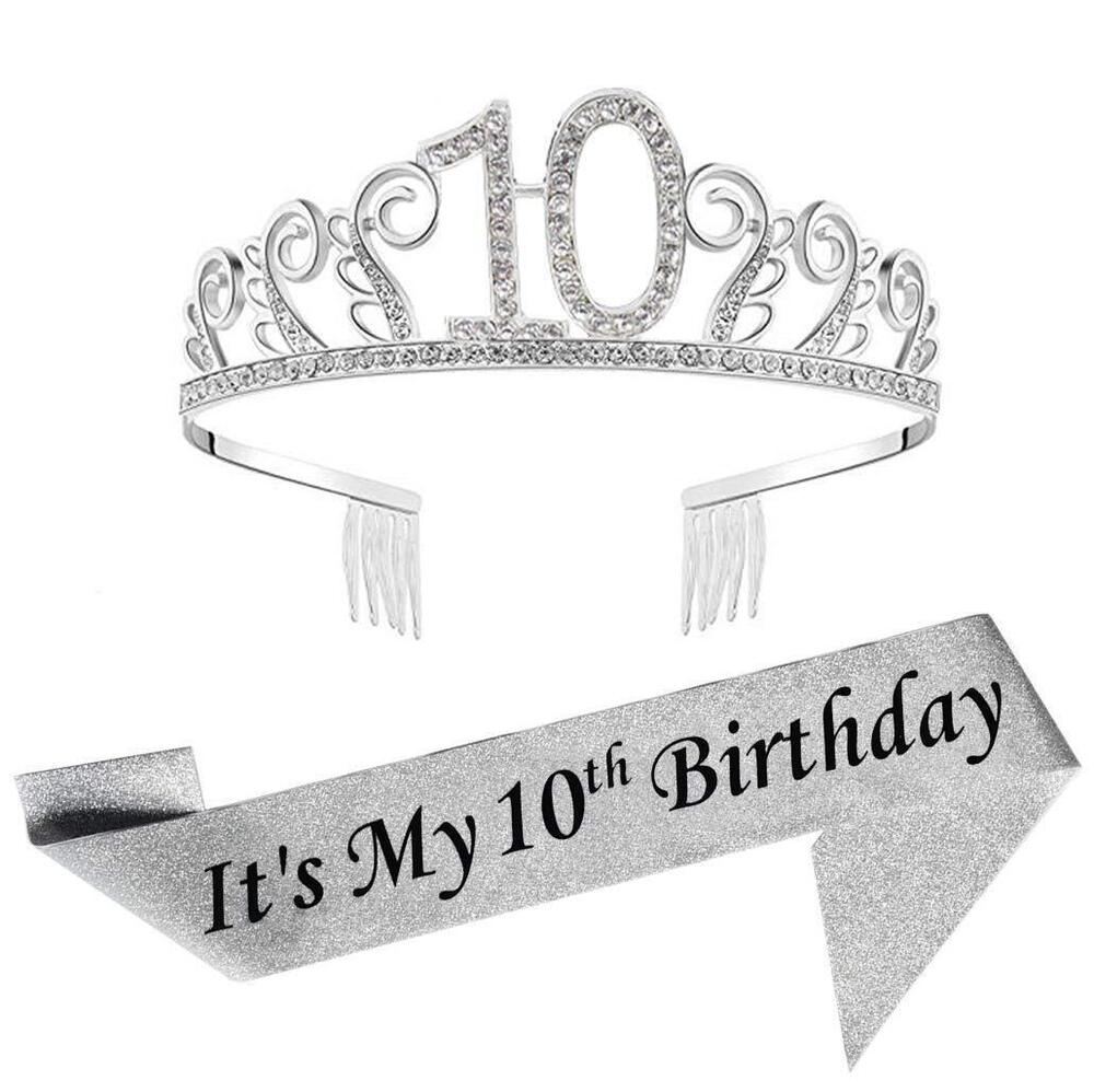 9861 10th Birthday Silver Tiara Sash Silver Glitter Satin Sash